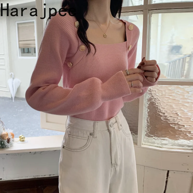

Harajpee Knitted Pullover Square Collar Casual Solid Japanese Style Short Sweater Patchwork Loose 2021 Autumn Women New Top Chic