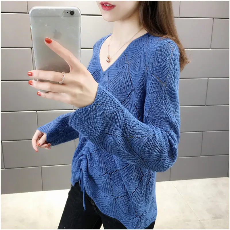 

V-neck Hollow Sweater Women 2020 Spring New Lotus Leaf Sleeve Drawstring Top Loose Pullover Short SweaterKnitwear Blusa r138