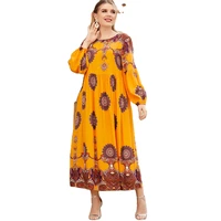 muslim traditional print loose waist dress long sleeve round neck yellow terylene abaya middle east abaya for woman large size