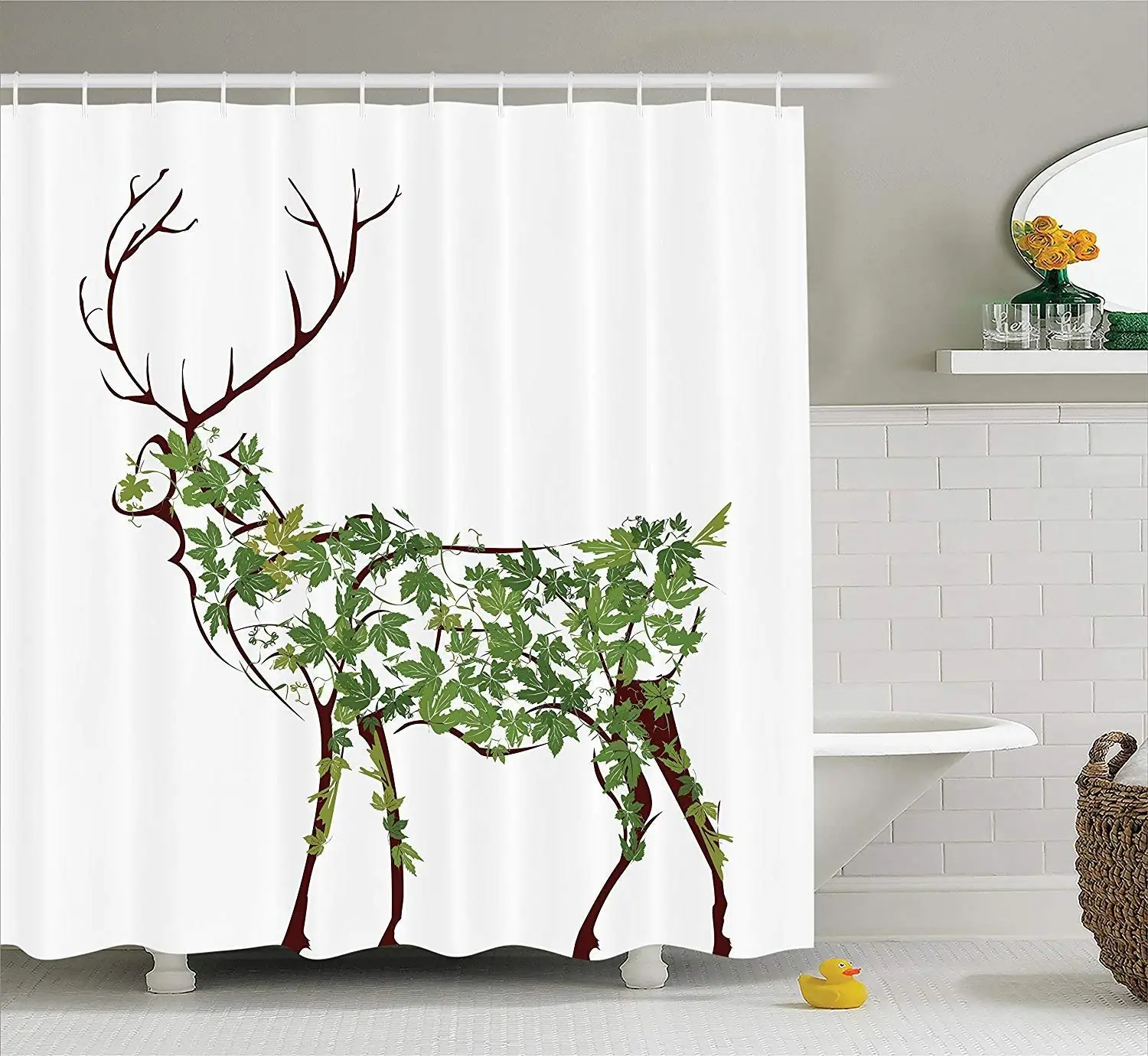 

Antlers Decor Shower Curtain Set Designer Deer Illustration Elk Leave Greenery Garden Traditional Celebration Bathroom