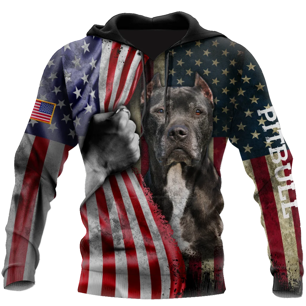 3D мужская Толстовка питбултерьер американский флаг Повседневная Осенняя