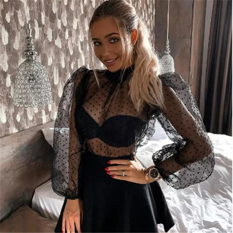 Элегантная блузка женская прозрачная одежда в горошек сексуальные женские