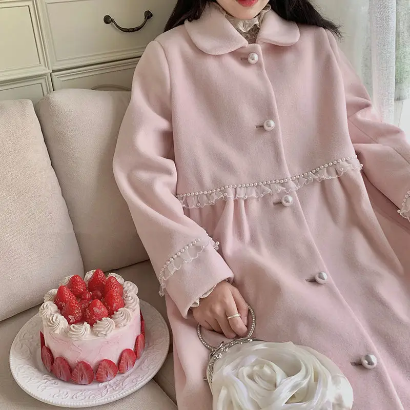 

Японское розовое шерстяное пальто для женщин, Осень-зима, милые свободные длинные куртки с кукольным воротником и жемчужинами, новинка 2021