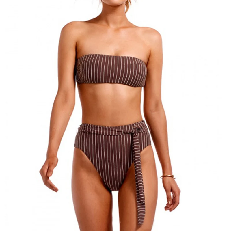 2019 White Striped High Waist Bikini Women Swimwear Two Pieces Swimsuit Push Up Set Bandeau Bathing Suit Beachwear Swim | Женская одежда