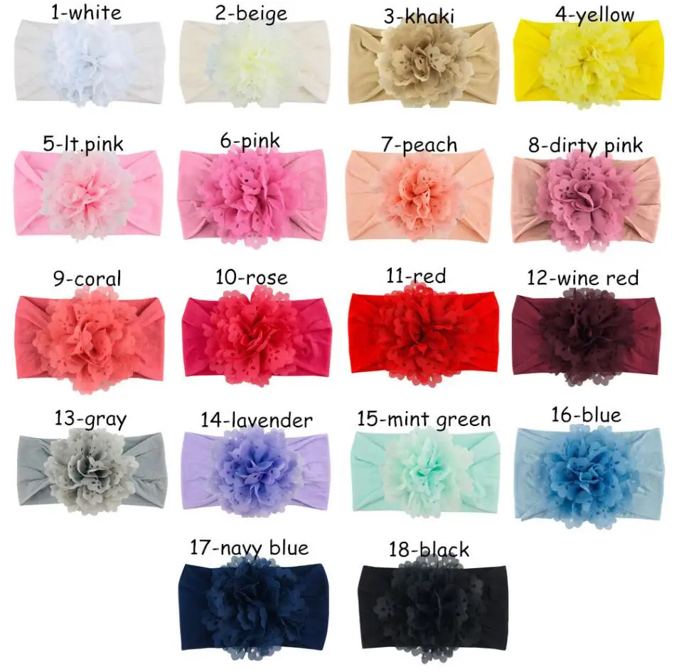 

12Pcs/Lot Bulk 4" Eyelet Chiffon Flower Matching Super Soft Nylon Headbands NewBorn Infant Girl Hair Accessories