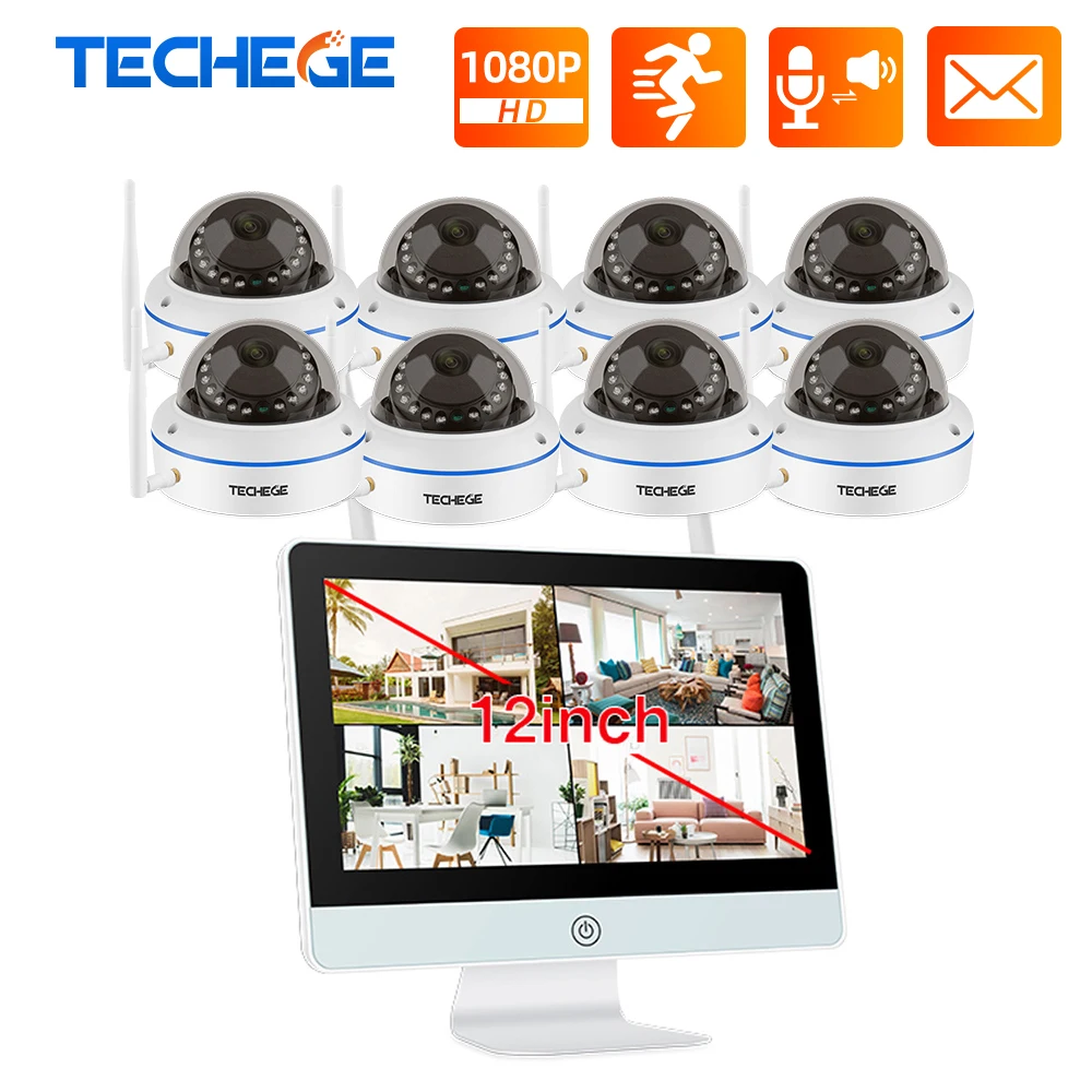 Беспроводная система видеонаблюдения Techege 8 каналов 1080P 12 дюймовый ЖК дисплей