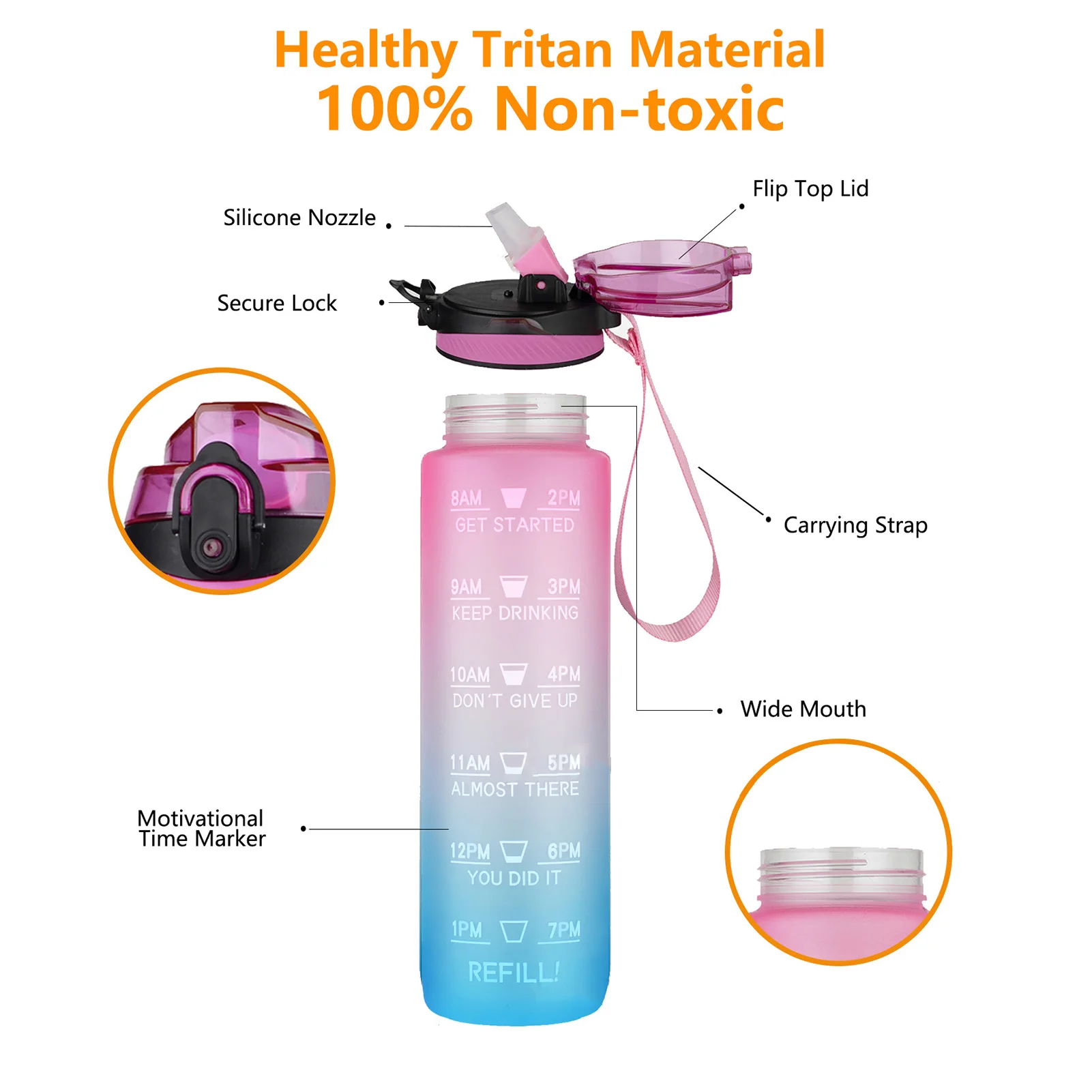 

OUTFUN 32oz Motivational Water Bottle With Time Marker & String, BPA Free Leakproof Water Jug For Fitness, Gym And Outdoor Sport