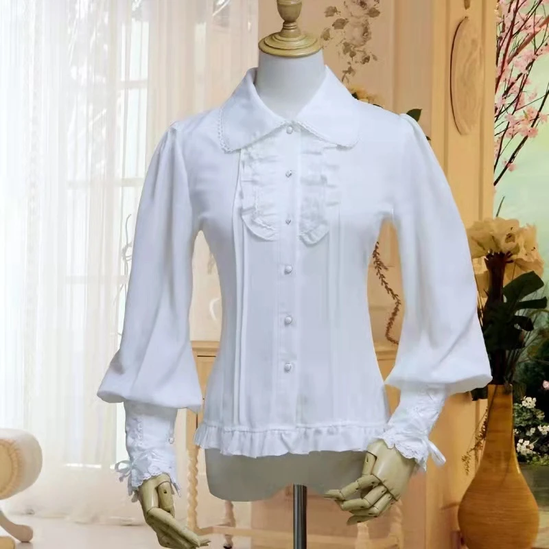 

F0008lolita European retro Lantern sleeve gold Lace Chiffon Lolita Dress long sleeve blouse