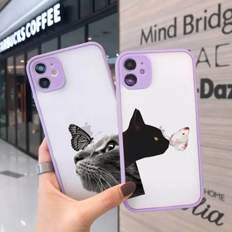 

cat cute lovely funny Phone Cases Matte transparent For Purple iPhone 12 Mini 11 Pro XR XS Max 7 8 Plus X Back Cover