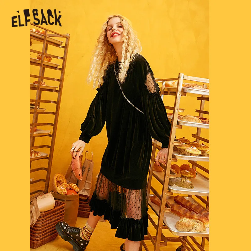 ELFSACK черное однотонное бархатное Сетчатое контрастное женское платье 2019 зимнее