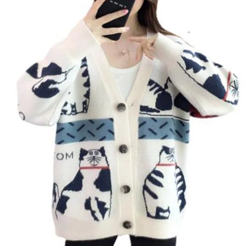 

2021 Autumn New Knitted Cartoon Cat Oversized Cardigan Jacket For Women Embroidery Loose Korean Fashion V-Neck Sweater Coat