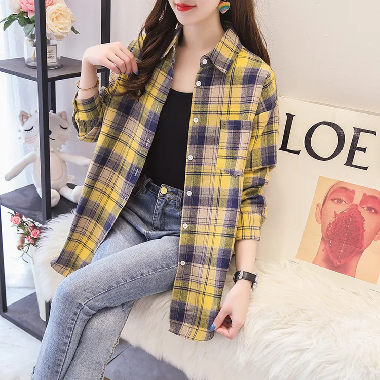

Autumn Winter Brushed Plaid Shirts Women Korean Vintage Casual Turn-down Collar Long Sleeve Loose Soft Blusas Female Chic Tops