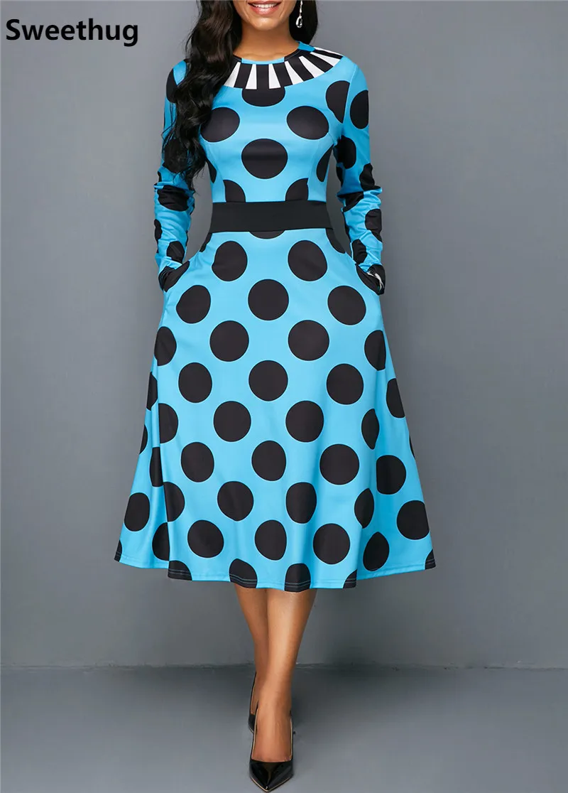 

Long Sleeve Autumn Dress Women 2019 Elegant Vintage Sexy Ball Gown Long Party Dress Casual Slim Dot Pocket Dresses