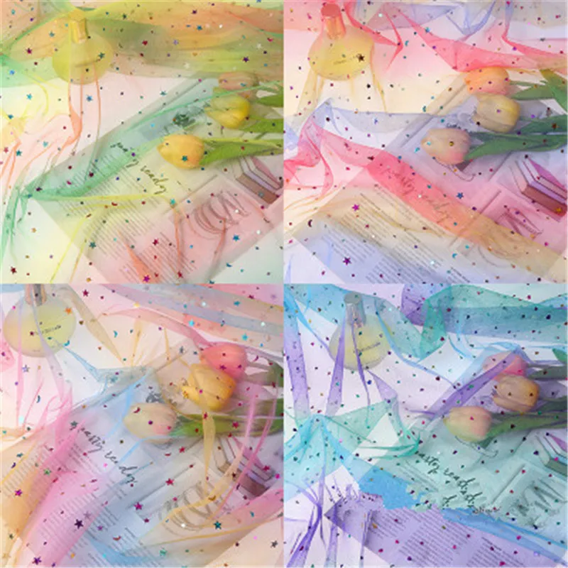 Радужная сетчатая ткань с блестками градиентный цвет сетка пряжа звезды луна