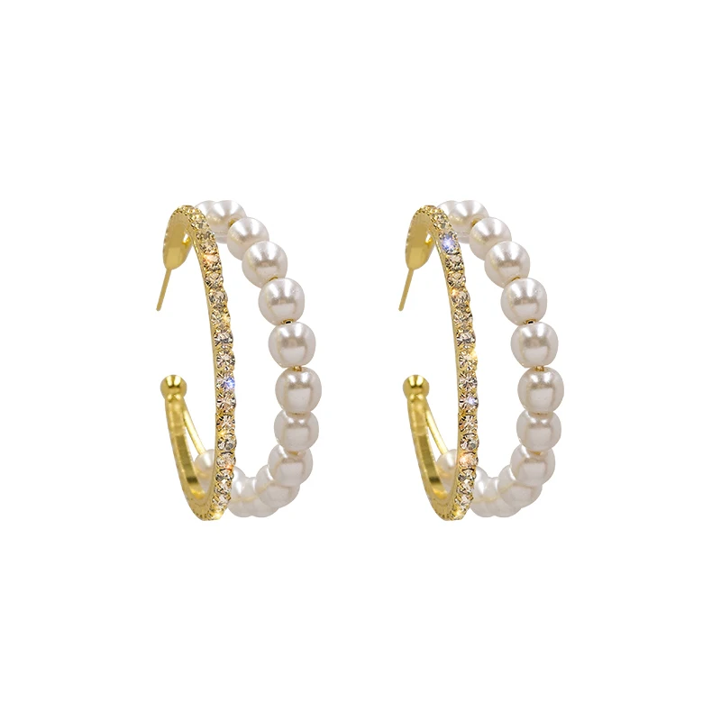 

2020 New Classic Double Layer Pearl Zircon C-Shaped Earrings For Woman Fashion Korean Jewelry Wedding Party Luxury Girl Earrings