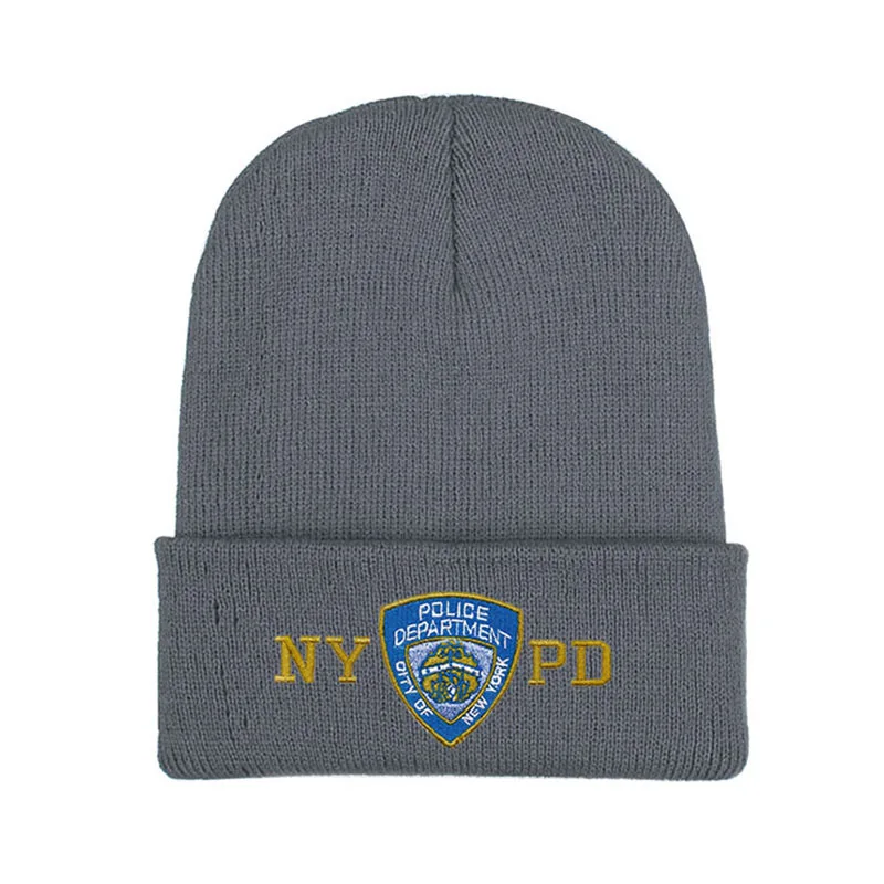 Gray NYPD полиция зимние теплые шапочки Skullies мужские Толстая шапочка шапки Мужская спортивная шапочка в стиле кэжуал двухслойная вязаная шапка - Цвет: Gray