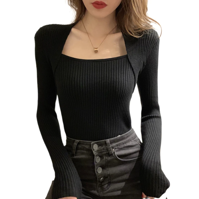 

Square Collar Knitting Women Sweater And Pullovers Autumn New Design Sexy Slim Elastic Long-Sleeved Lady Pulls Outwear Tops