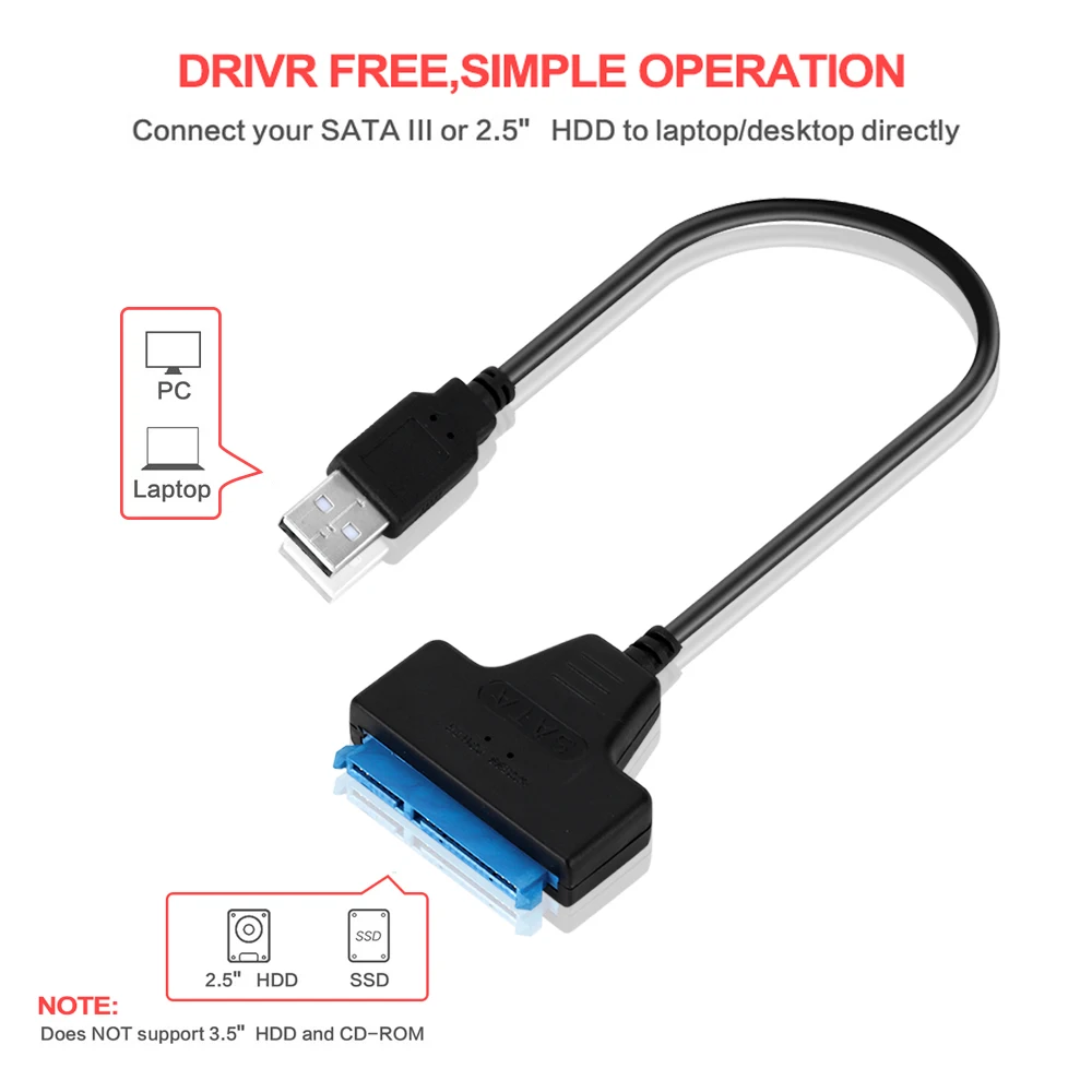 USB 2.0 to SATA 22Pin High Speed 480Mbps External Power Adapter Copper Wire Core and ABS Converter Cable images - 6