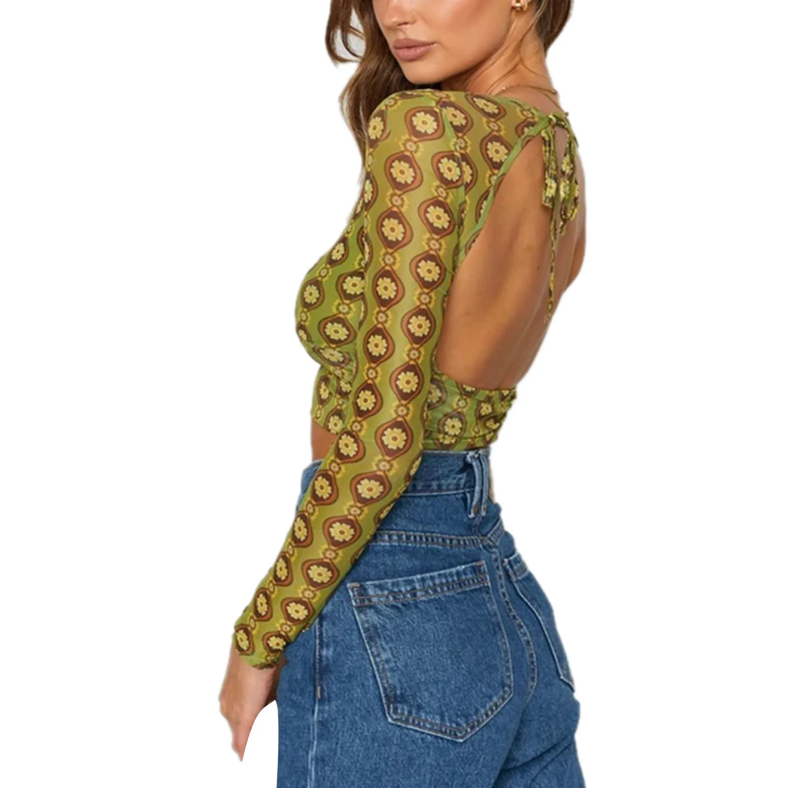 

Женские пикантные сетчатые топы с цветочным принтом, прозрачные укороченные топы с глубоким V-образным вырезом, длинным рукавом и открытой ...