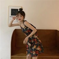 summer 2021 new korean version of retro oil painting flowers close waist show skinny little flower suspender dress