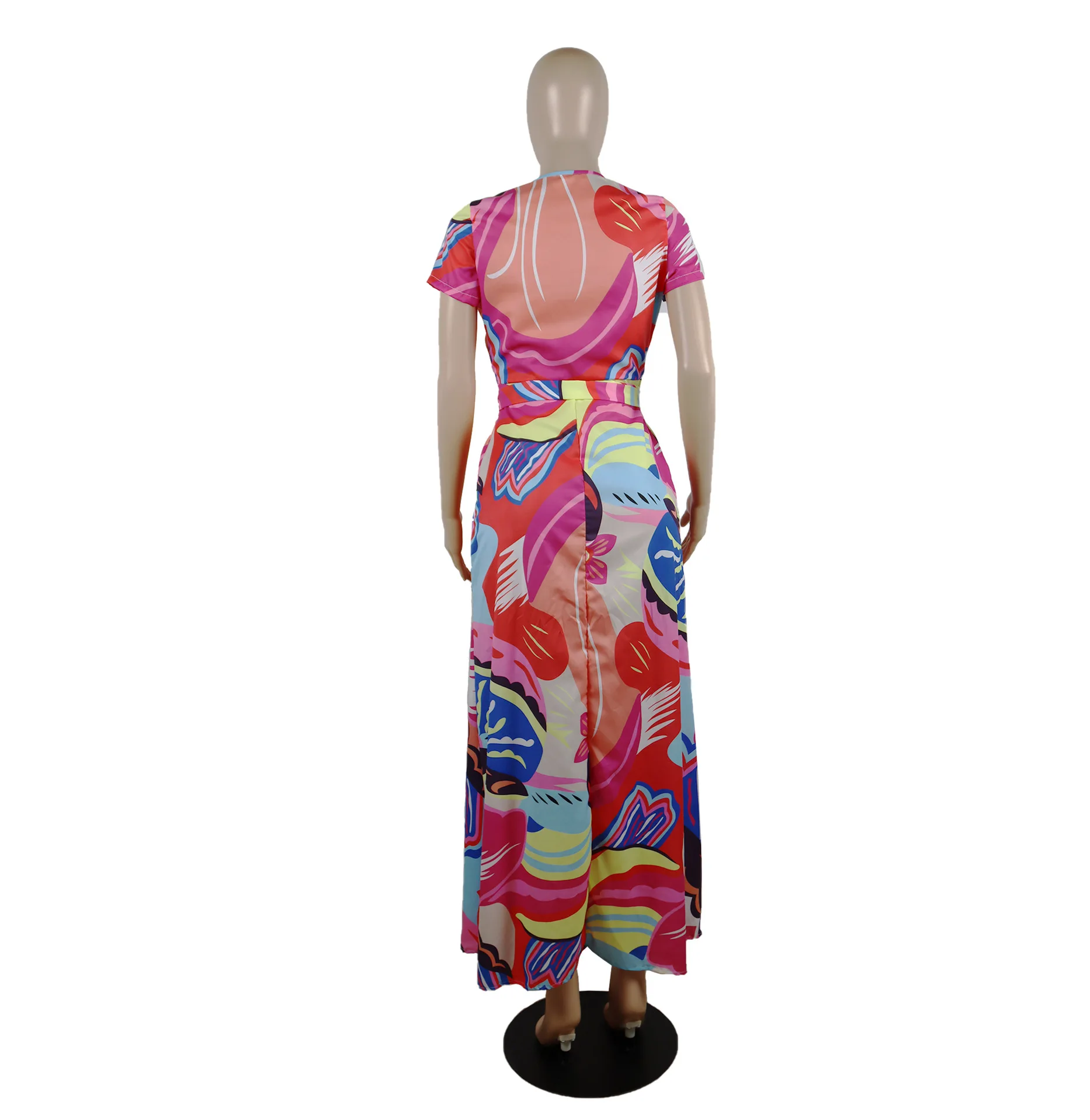 

Digital Printed Dress 2021 New Large Size Women's V-Neck Short Sleeve Matching Belt Fashion High Quality Bright Split Long Skirt