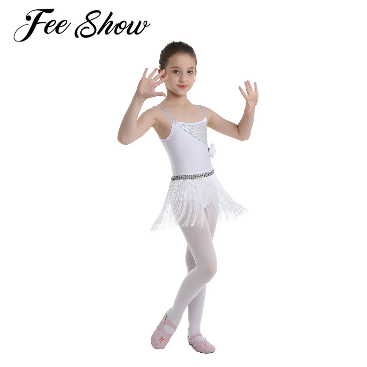 Белое профессиональное детское платье для латинских танцев блестящее девочек