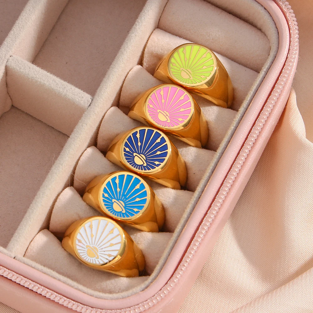 

2021 New Multiple Color Fantasy Universe Planet Sunlight Signet Rngs For Women Girl's Y2K Jewelry Cute Cartoon Pattern Ring