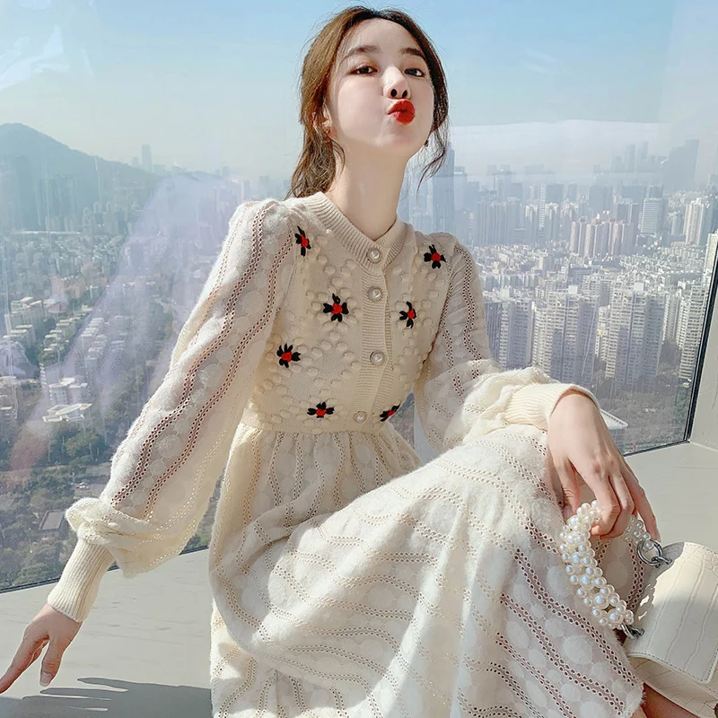 

Женское осенне-зимнее вязаное платье макси для женщин корейский стиль вышивка Шерстяное приталенное женское платье с длинным рукавом для в...