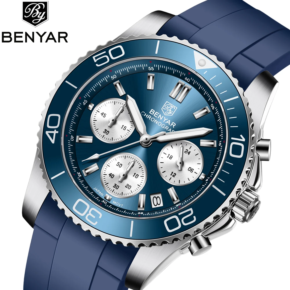 

Benyar Sport Men Watch Top Brand Luxury Quartz Mens Watches 100m Waterproof Diver Chronograph Wristwatch Man Relogio Masculino