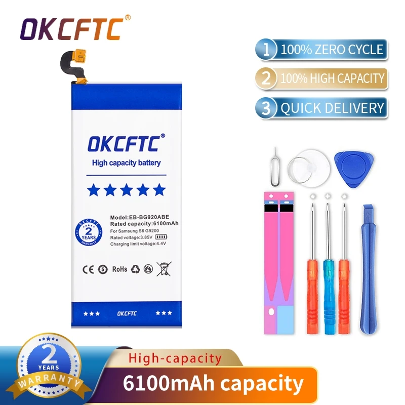 

OKCFTC Original Phone Battery EB-BG920ABE For Samsung GALAXY S6 SM-G920 G920F G920i G920A G920V G9200 G9208 G9209 6100mAh