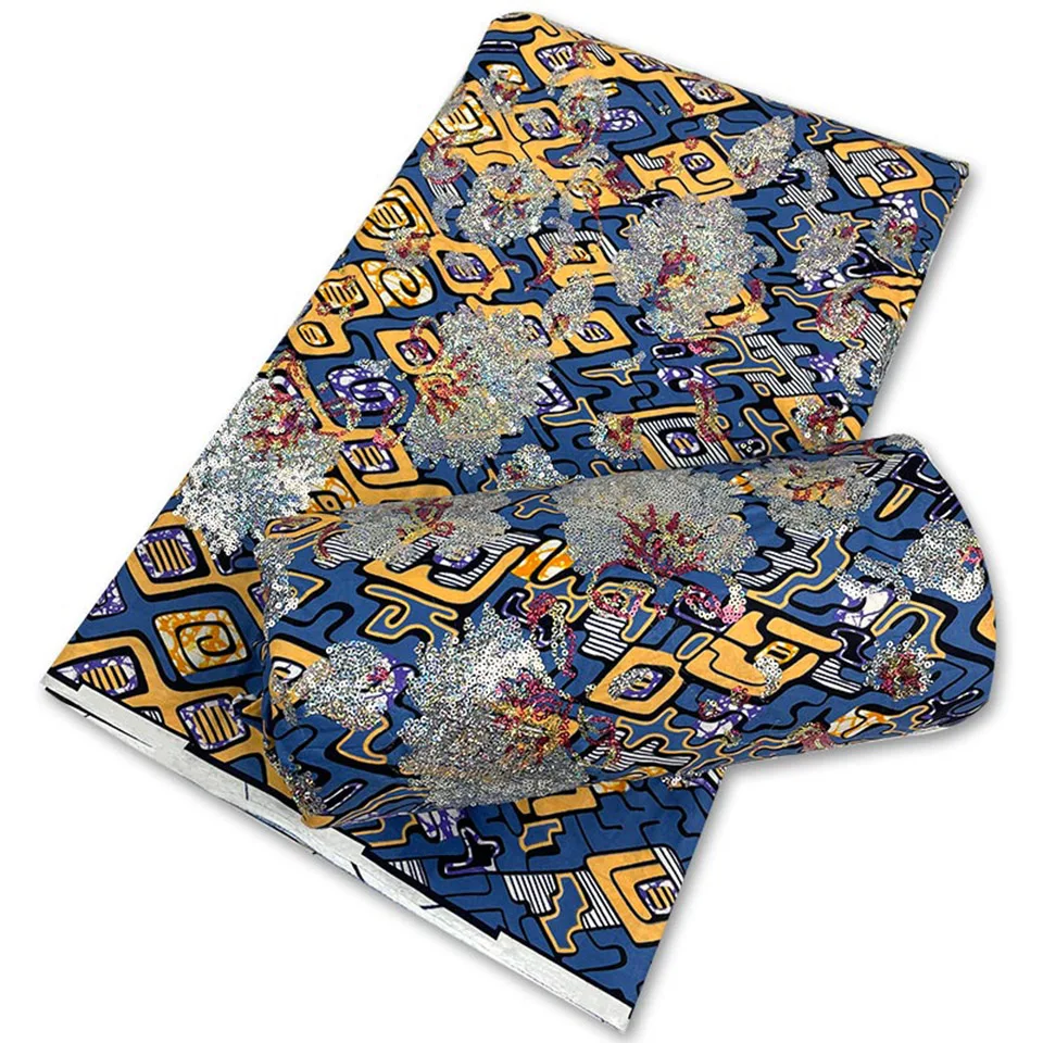 

Latest Sequins African Fabrics 100% Cotton Batiki Wax Prints Kitenge/Pagnes/Kikwembe Embroidered Sequins YXL-56