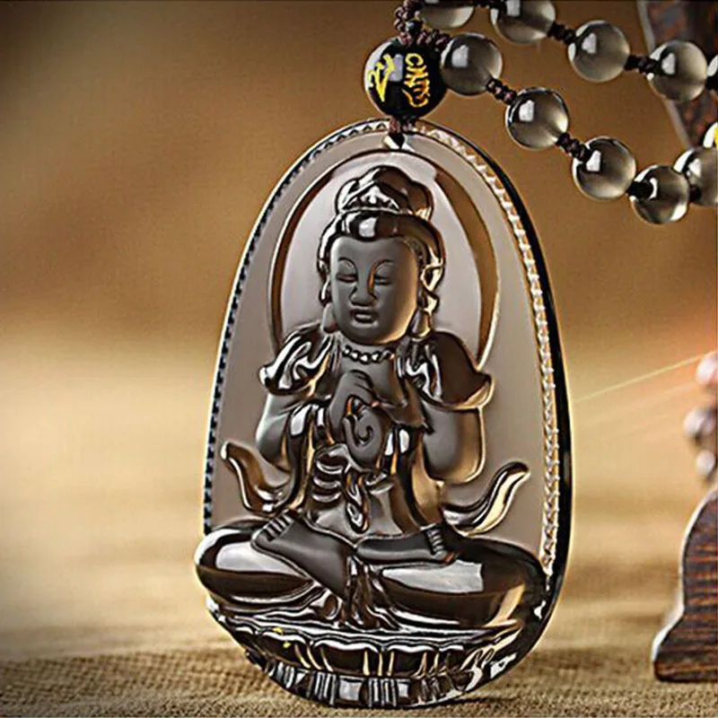 Натуральный подлинный ледяной прозрачный Обсидиан Резной Будда Гуаньинь на