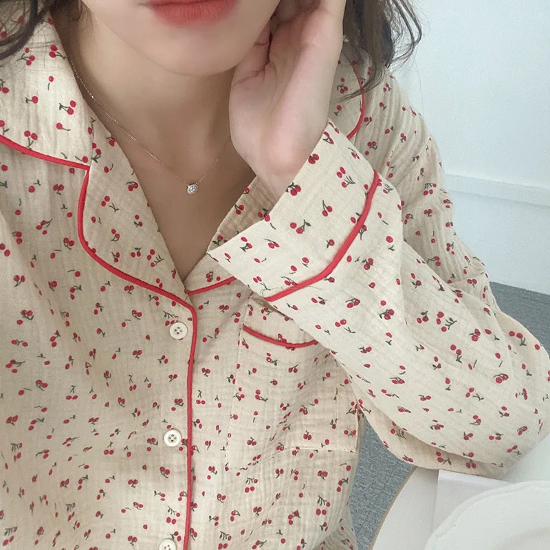 

Chic Women Sweet Pajamas Suits 2021 New Fashion Sleepwear Loose Long Sleeve Autumn Cherry Print Tops Pants Homewear