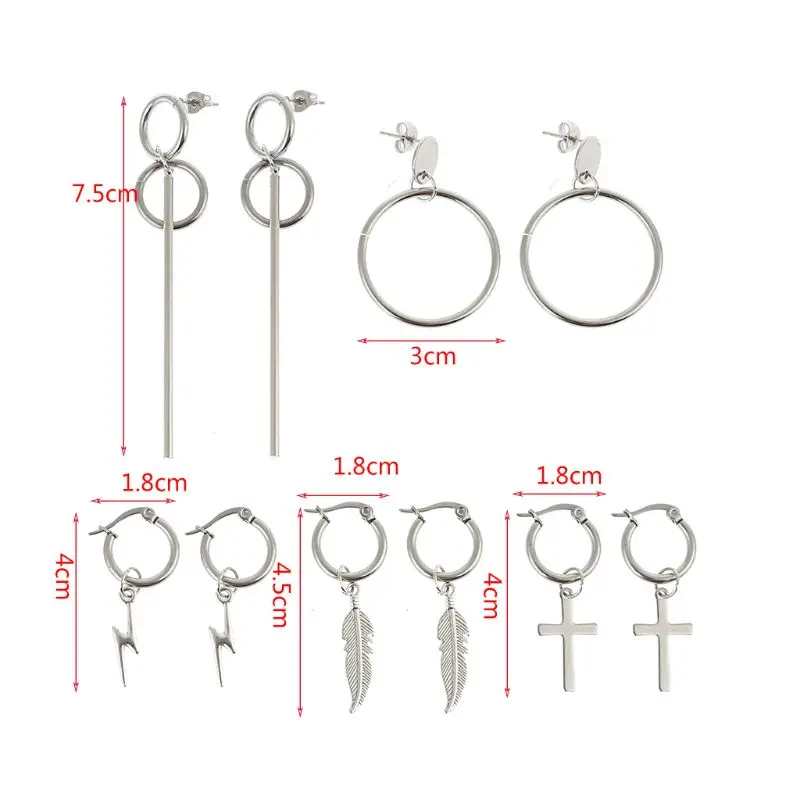 

10 Pcs/set Stainless Steel Hip Hop Simple Chain Pendant Earrings Set Cool Men Women Punk Ear Stud Jewelry E56A