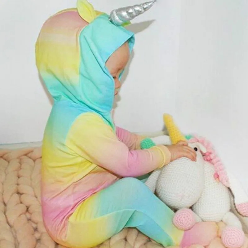 Одежда для малышей мальчиков и девочек единорог Радуга пижамы с капюшоном в виде