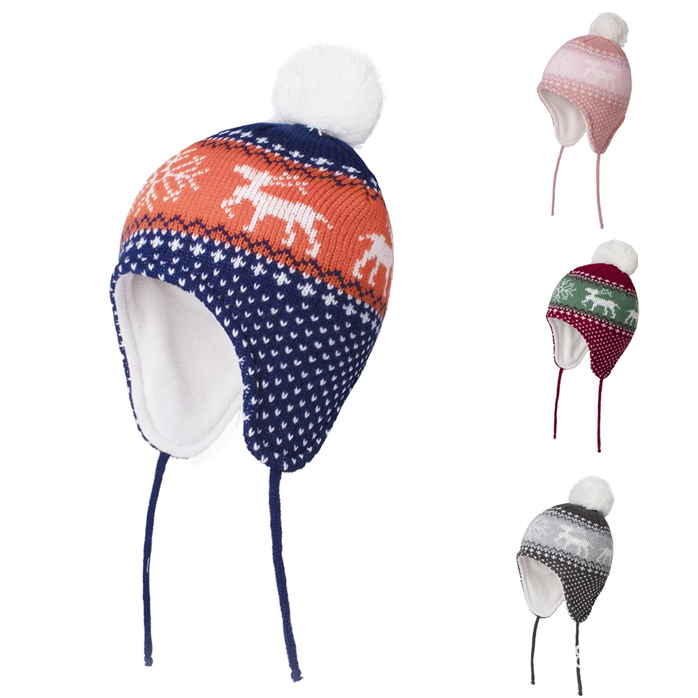 Рождественская Детская зимняя шапка с помпоном хлопковая вязаная детская