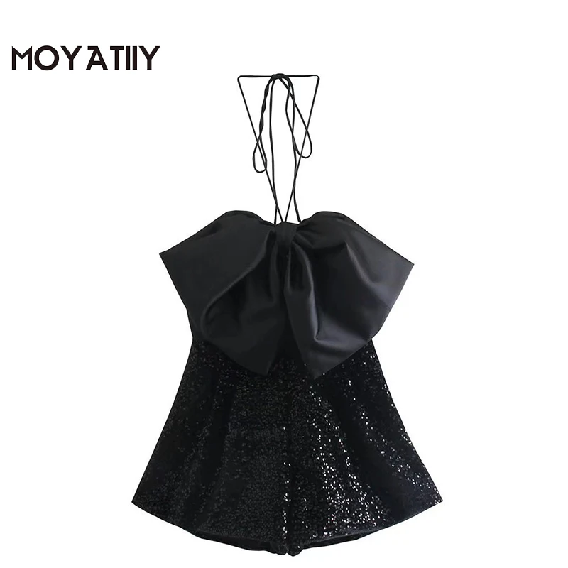 

MOYATIIY 2022 женские модные блестящие комбинезоны сексуальные женские черные блестящие с большим бантом кружевные танцевальные комбинезоны