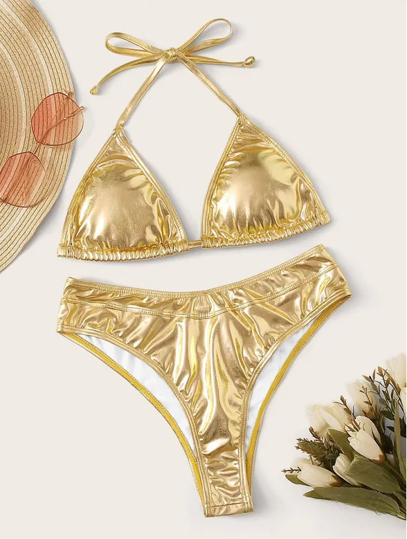 

Sexy Triangle Push Up Bikini Set Golden Bling Bling Bikinis Women Gold Brazilian Swimwear Biquini Bathing Suit maillot de bain