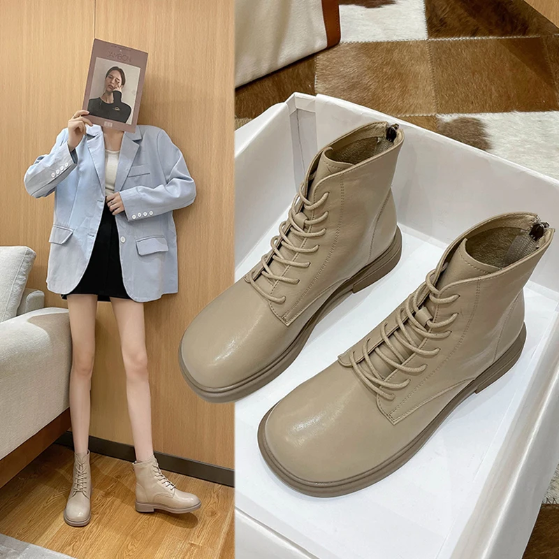 

Женские ботинки на низком каблуке, с круглым носком, из ПУ кожи