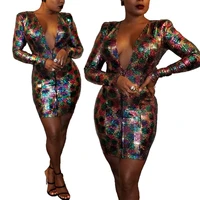 colorful sequin sexy bodycon mini dress women 2019 long sleeve deep v neck zip up night club party tight fitted dresses