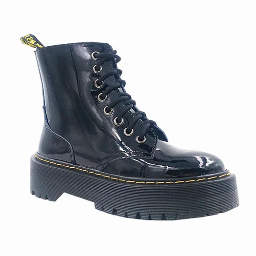 Black Patent Leather Muffin 10 Боковая молния ботинки зимняя на платформе каблуке женщины обувь черный больших размеров берцы Flatform ботильоны марочный военные искусственный мех женская женский мода короткая китайский - Цвет: Black Patent Leather