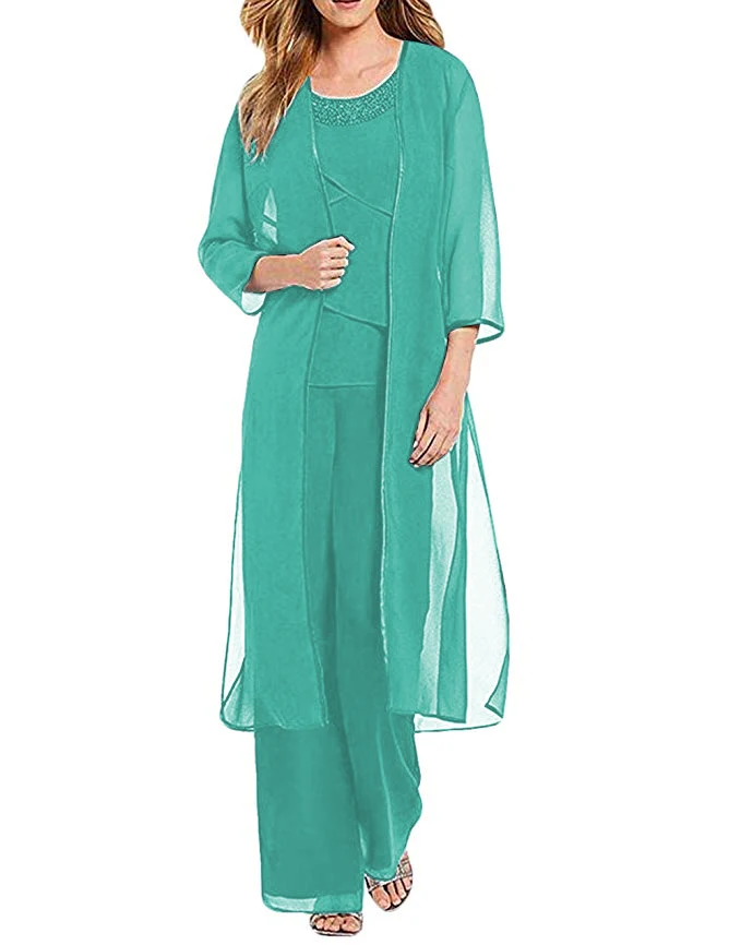 turquoise Женский комплект из 3 предметов, шифоновое платье для матери невесты, брюки, костюм с курткой, наряд с рукавами 3/4 для свадьбы - Цвет: turquoise