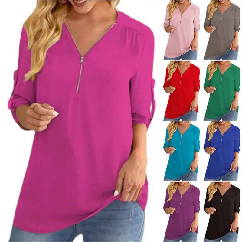 

Блузка женская однотонная с V-образным вырезом, Повседневная Свободная рубашка с рукавами-фонариками, модная одежда, на лето