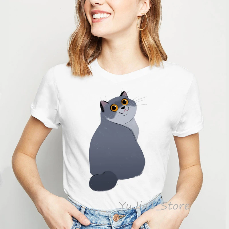 Женская футболка с принтом животных Kawaii Fat cat белая кошки топы для влюбленных лето