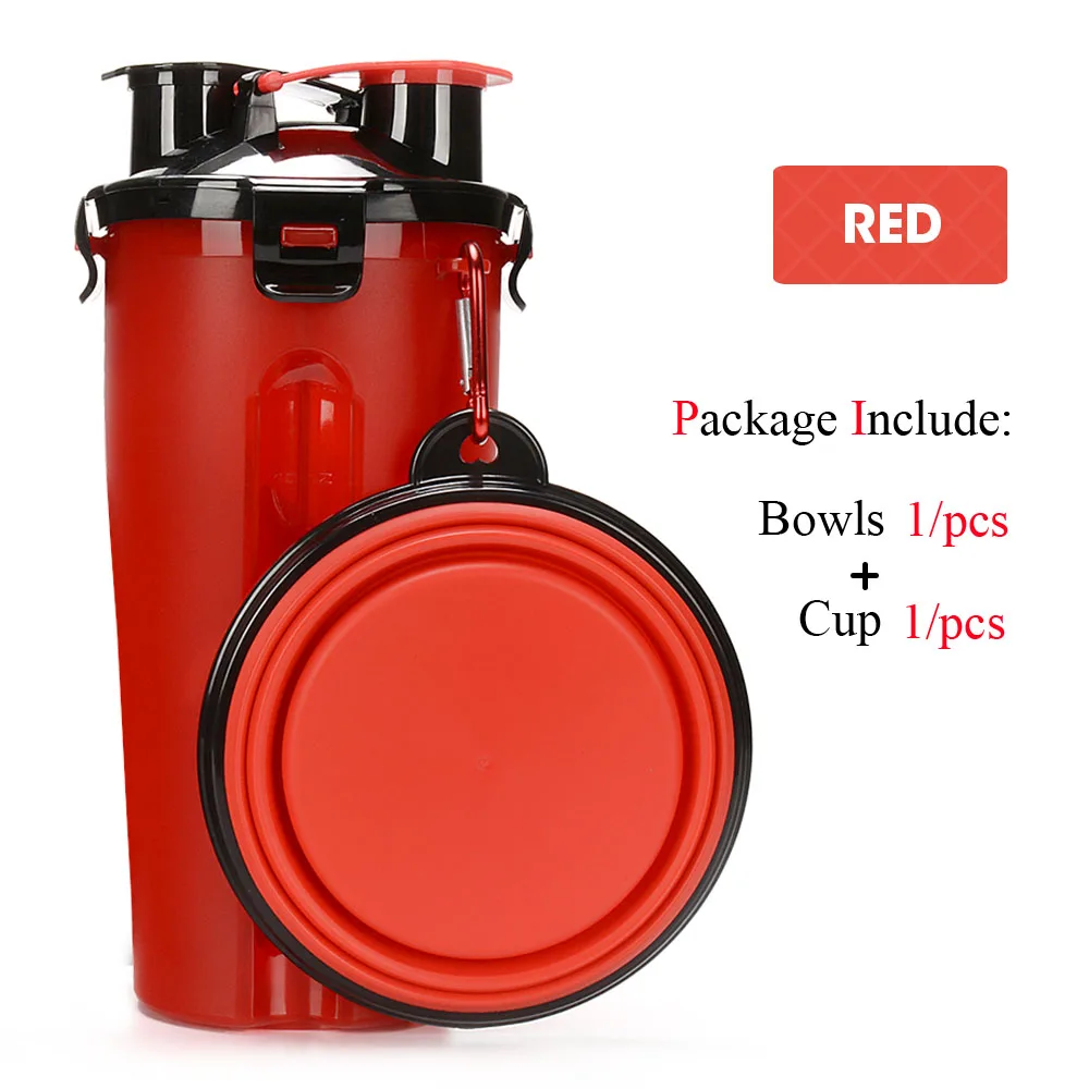 red wIth 1 bowl Портативная 2 в 1 ПЭТ бутылка для воды контейнер для еды со складной силиконовой миской для домашних животных уличная дорожная кормушка для кошек и собак чашка - Цвет: red wIth 1 bowl
