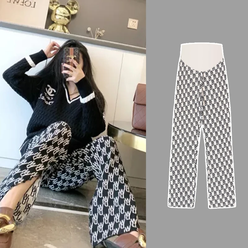 

Pregnant Women Wide-Legged Pants Loose Adjustable Empired Knitting Maternity Straight Trousers
