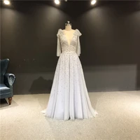 100real pictures gray heavy beads deep v neck bowknot sleeveless a line formal party prom bridal women dance evening dresses