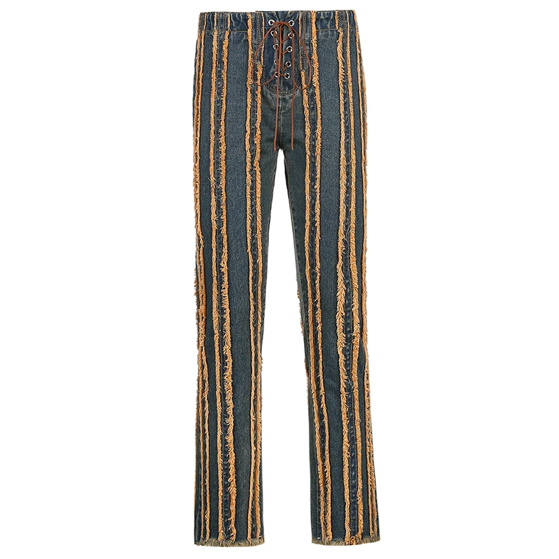 

Rockmore Vintage Tassel Jeans Women Streetwear 90s Aesthetic Low Waist Straight Pants Patchwork Distressed Denim Long Trousers