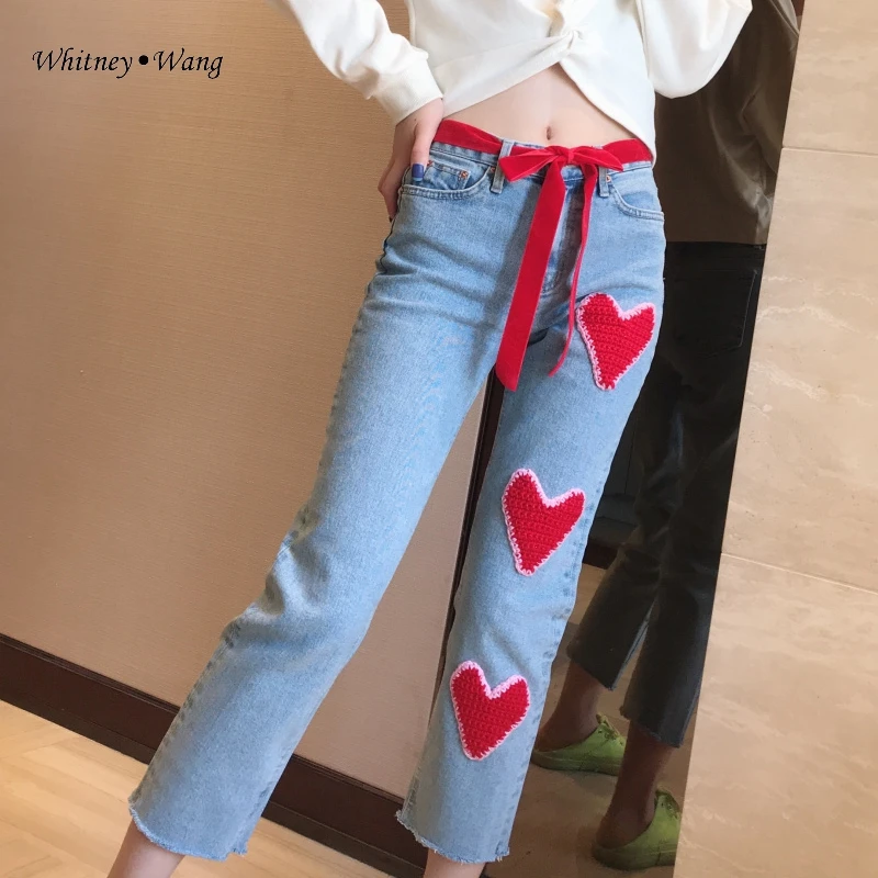 Женские трикотажные Джинсы WHITNEY WANG джинсовые брюки с вышивкой сердца и