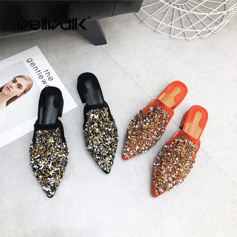 Модные туфли без задника Женские шлепанцы Дизайнерские женские с металлическими